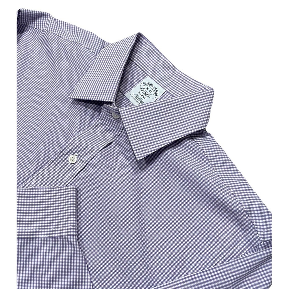 Brooks Brothers Shirt Mens Medium 16 32 Purple White Gingham Check Regent Cotton